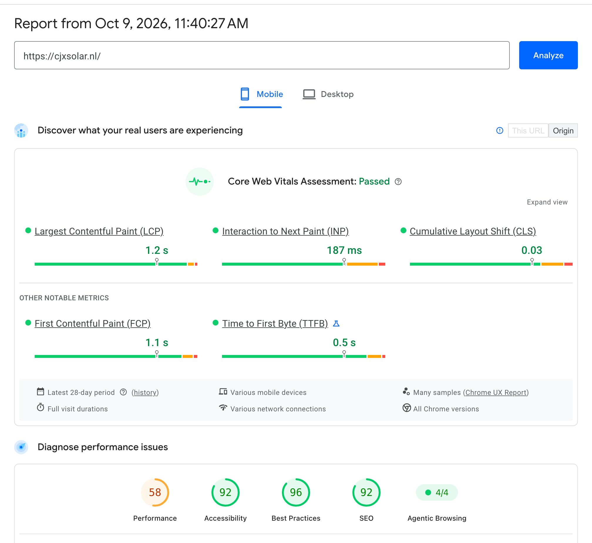 Schermafdruk van Google PageSpeed Insights voor cjxsolar.nl op mobiel: Core Web Vitals geslaagd, prestaties 58, toegankelijkheid 92, best practices 96, SEO 92, Agentic Browsing 4 van 4